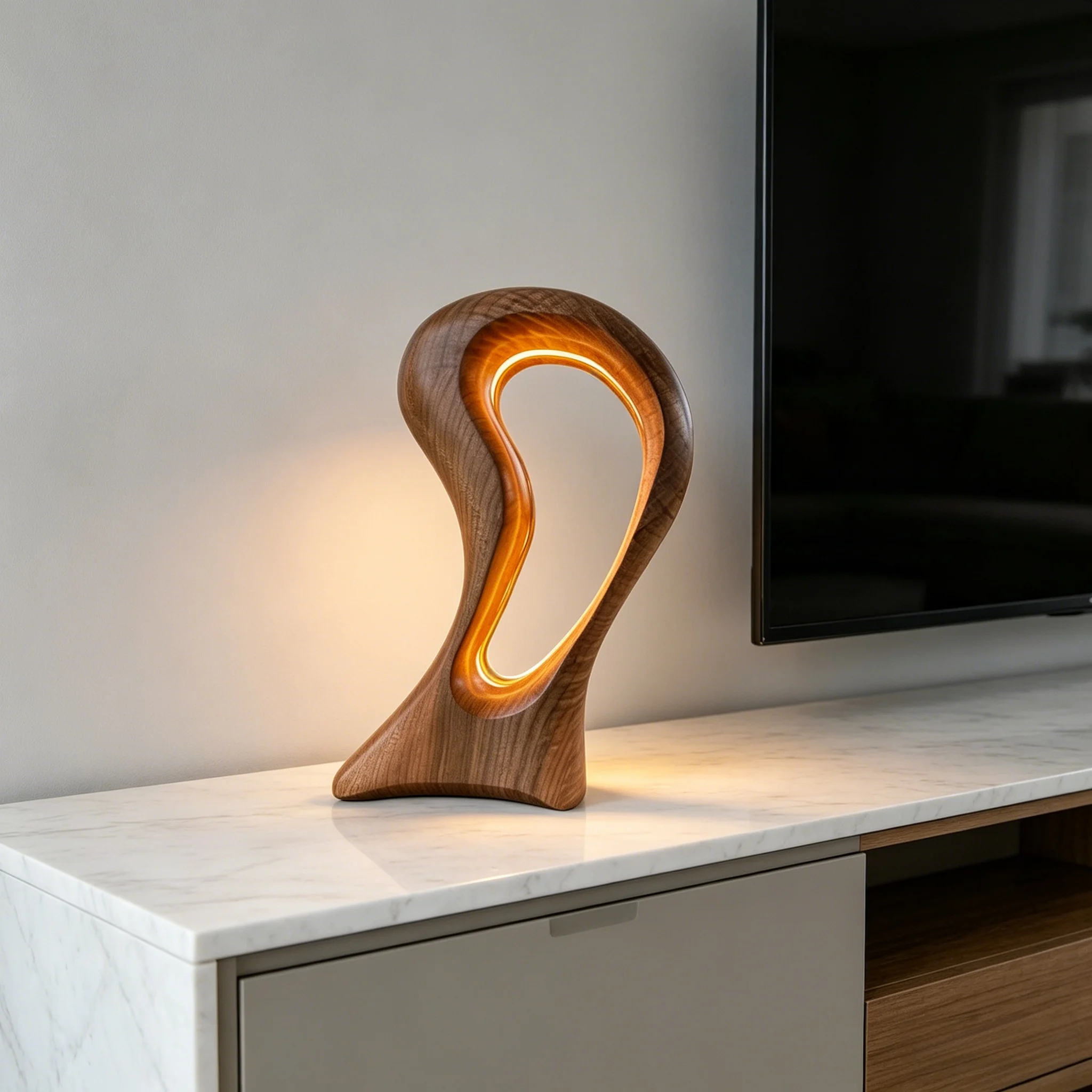 Handcarved Engraved Hollowed Light Strip Wood Craft Lamp-Curved Natural Grain Wooden Lighting H60cm Irregular Shape Modern