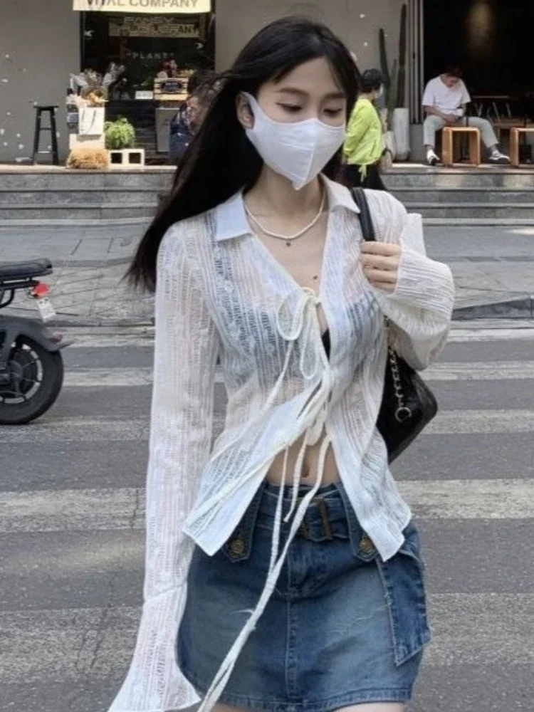 Chemisier japonais pour femmes, chemise Sexy à bandes Grunge, esthétique Y2k, Harajuku, col rabattu, manches évasées, 2025