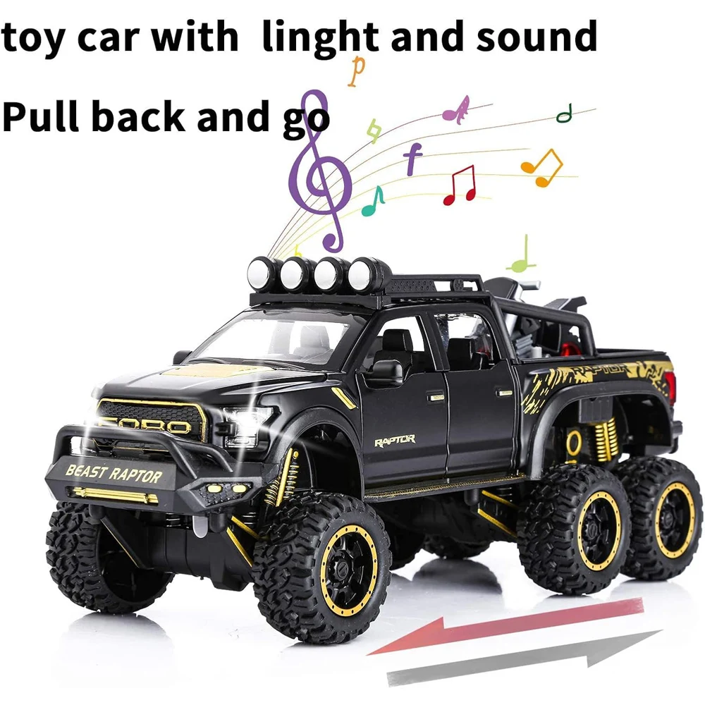 1:24 Pickup Trucks for Boys F150 Raptor Diecast Metal Model Car with Sound and Light for Kids Age 3 Year and up