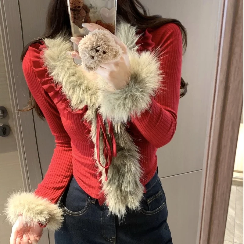 

Spring 2026 Women's Slim Fit Sexy Pure Desire Sle T-irt with Fur Collar Base Layer Top Casual Daily Wear Long Sve