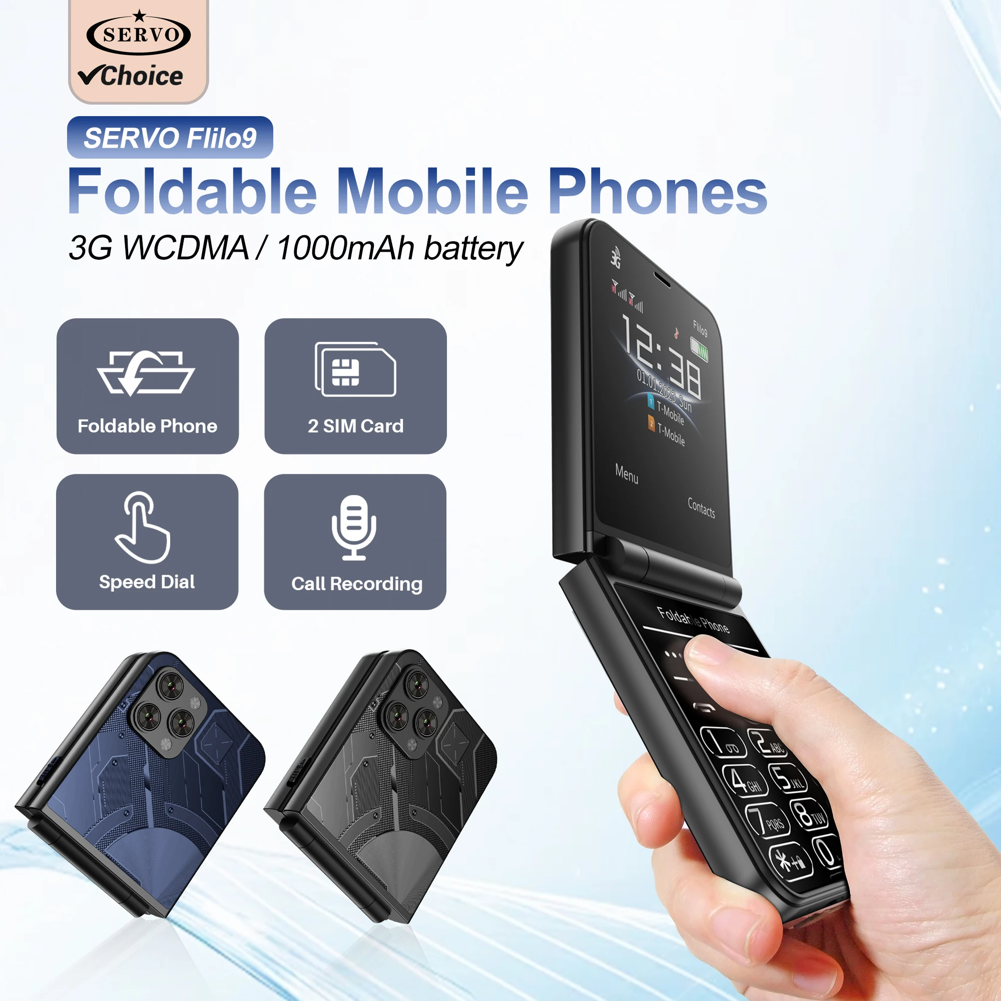 SERVO Flip Mobile Phones 3G Cellular Call Recording FM Radio Flashlight 2.6'' Color Display 2 SIM Foldable Cell Phone Speed Dial