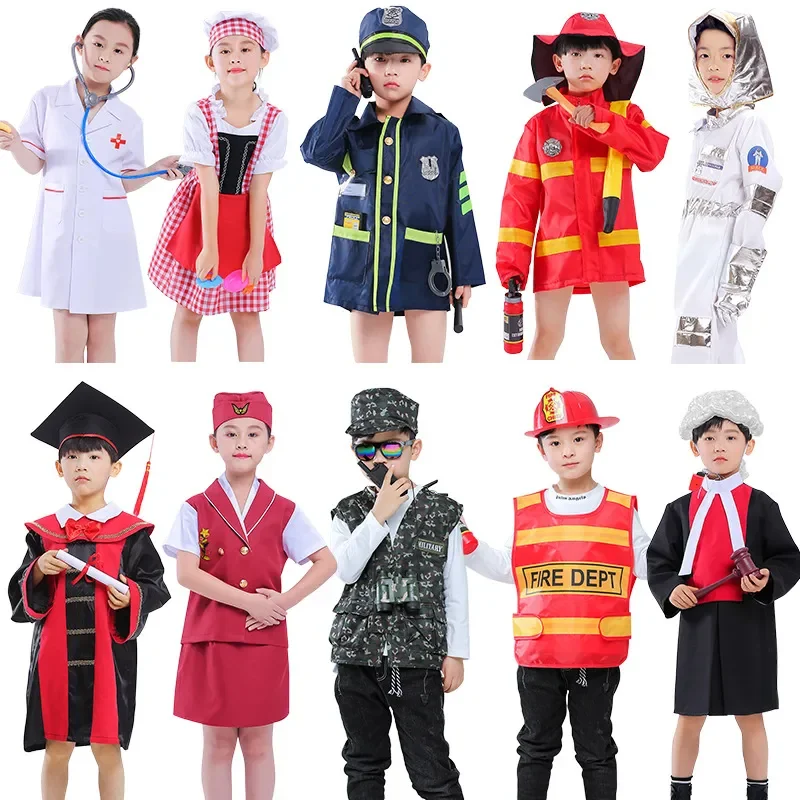 Funny Pro Cosplay Costume for Kids Toys Policeman Fireman Doctor Airplane Captain Nurse Astronaut Chief Judge Role Play Suit