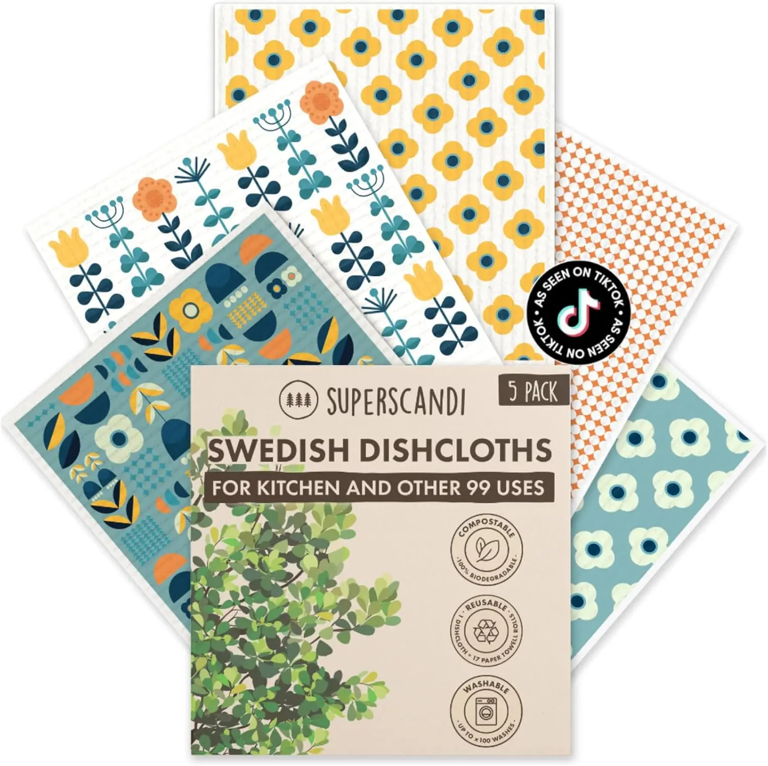 

5 Pack Swedish Dishcloths - 100% Biodegradable & Compostable, Reusable Washable Paper Towels for Kitchen Surfaces