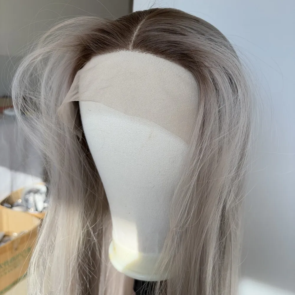 طويل مستقيم المرأة الطبيعية مقاومة للحرارة الشعر أومبير رمادي T الدانتيل الباروكات الأمامية #2