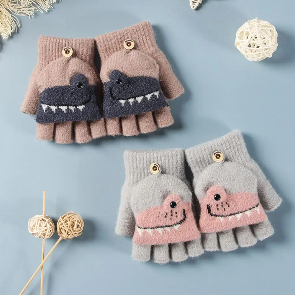 Mittens Winter Wool Knitted Gloves Faux Fur Thick Warm Cute Cartoon Baby Boys Girls Gloves For 5-12 Years Children