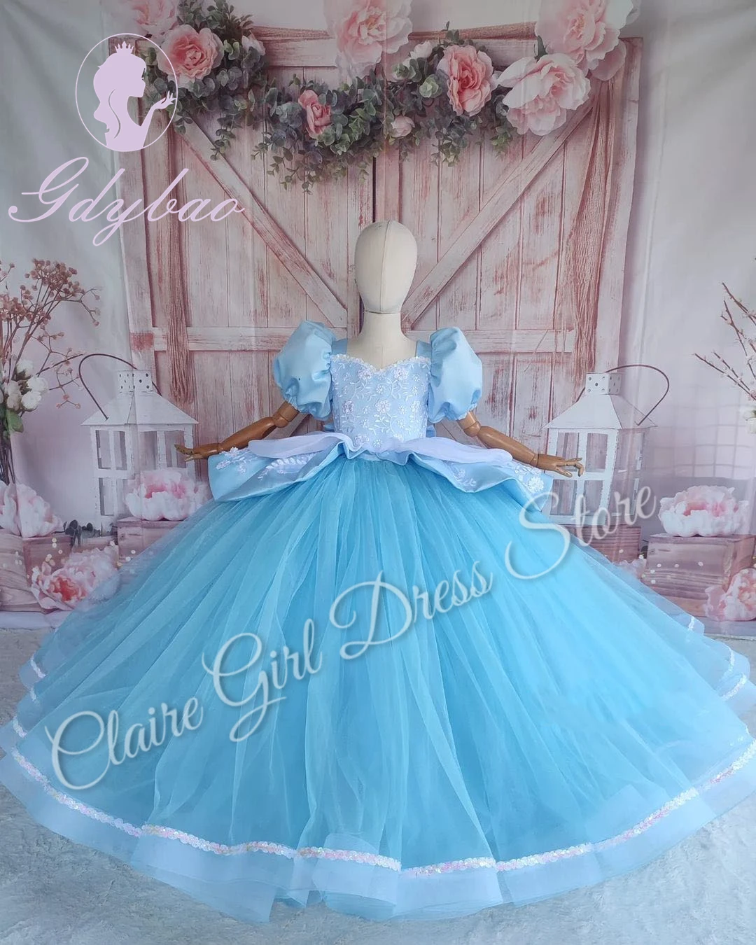 Céu azul flor menina vestidos para casamento apliques rendas tule mangas curtas com arco elegante crianças festa de aniversário vestido de baile