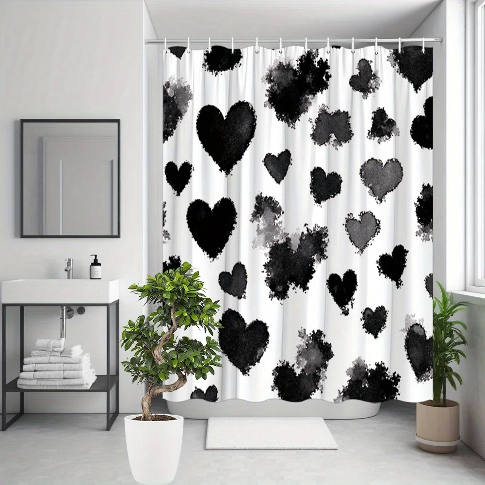 

1 шт. Занавеска для душа с черными сердечками — абстрактный минималистичный дизайн, полиэстер, 70,8x70,8 дюйма, в комплект входит 12 крючков, стильная ванная комната