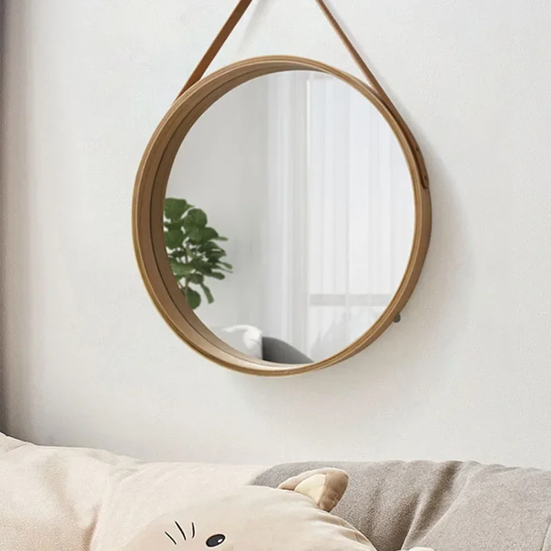 Espejo De Baño 30Cm Wooden Frame Bathroom Wall Mounted Mirror Simple Circular Makeup Mirrors Bedroom Wall Decoration