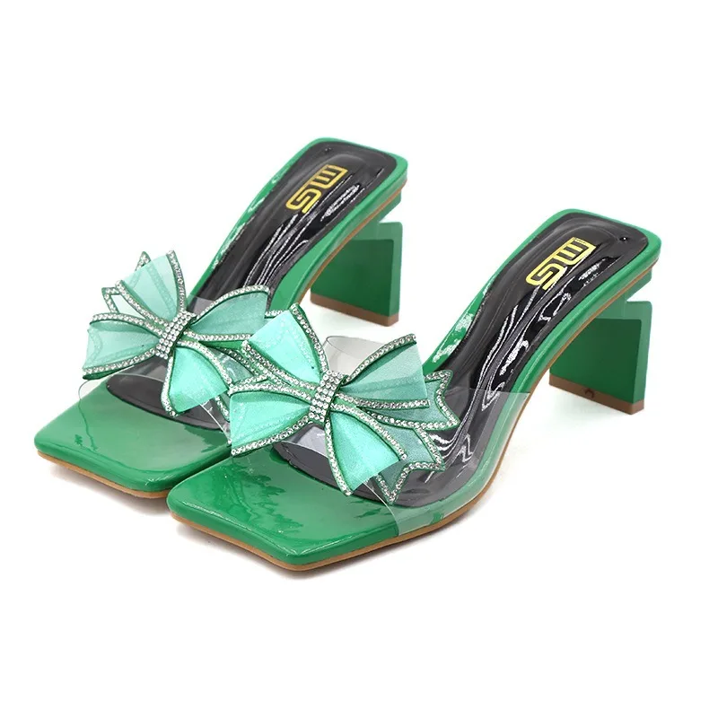 Summer Green Slides Women 8cm Clear High Heels Mules Slippers Bling Crystal Butterfly Knots Slides Nightclub Cinderella Shoes