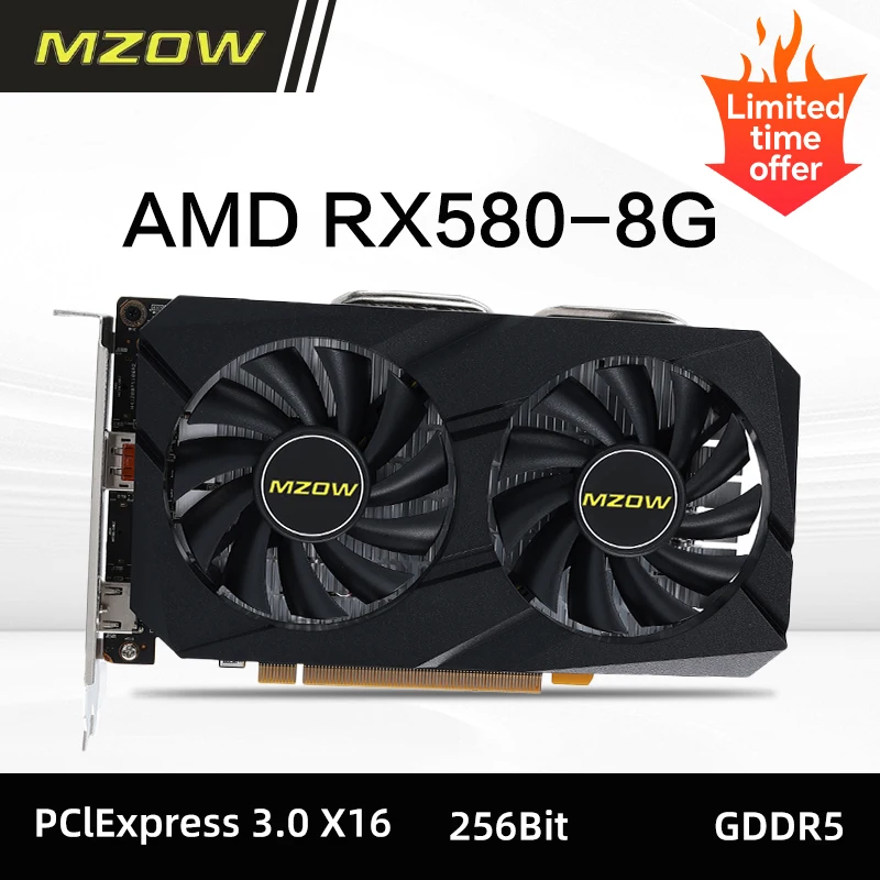 MZOW Radeon RX 580 8G AMD video Card 2048SP Gaming Graphics Cards GDDR5 256Bit PCI Express 3.0 ×16 GPU RX 580 placa de video