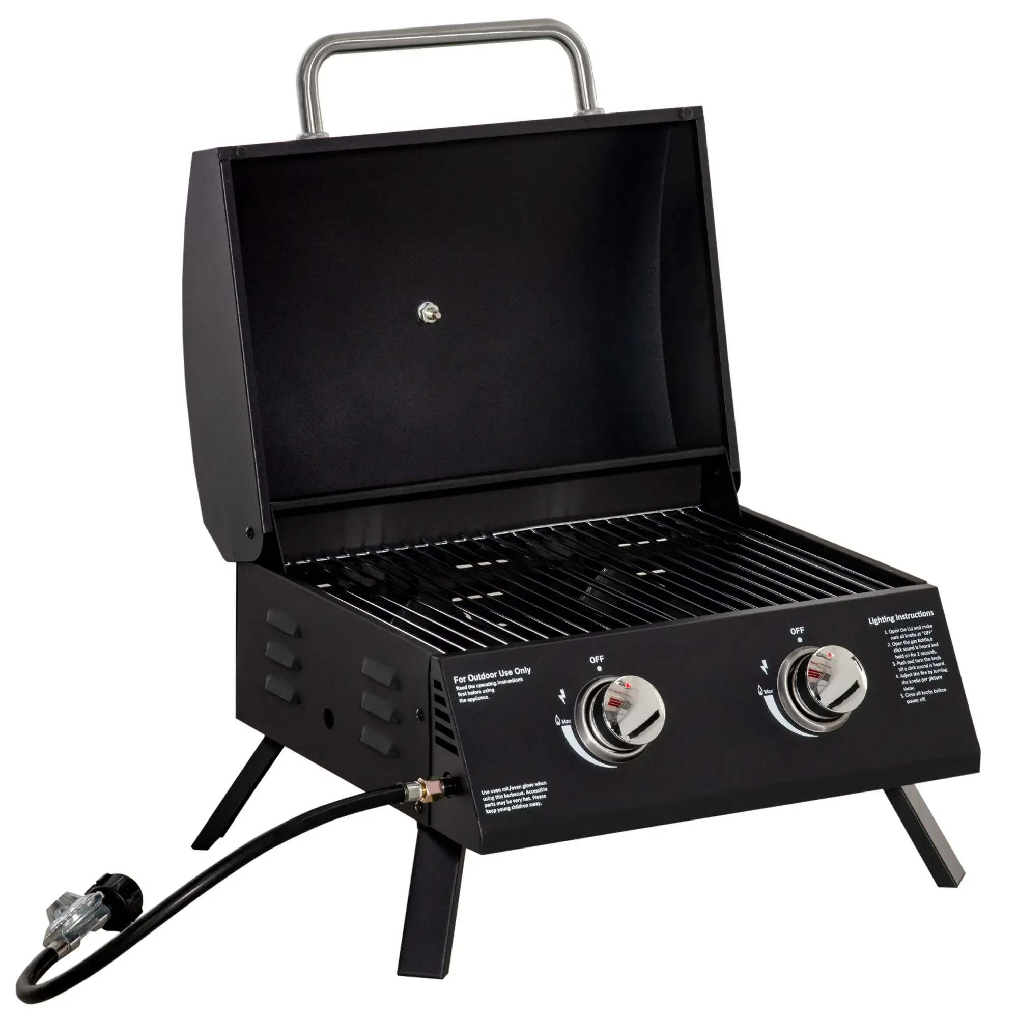 

2 Burner Propane Gas Grill Outdoor Portable Tabletop BBQ with Foldable Legs, Lid, Thermometer for Camping, Picnic, Backyard