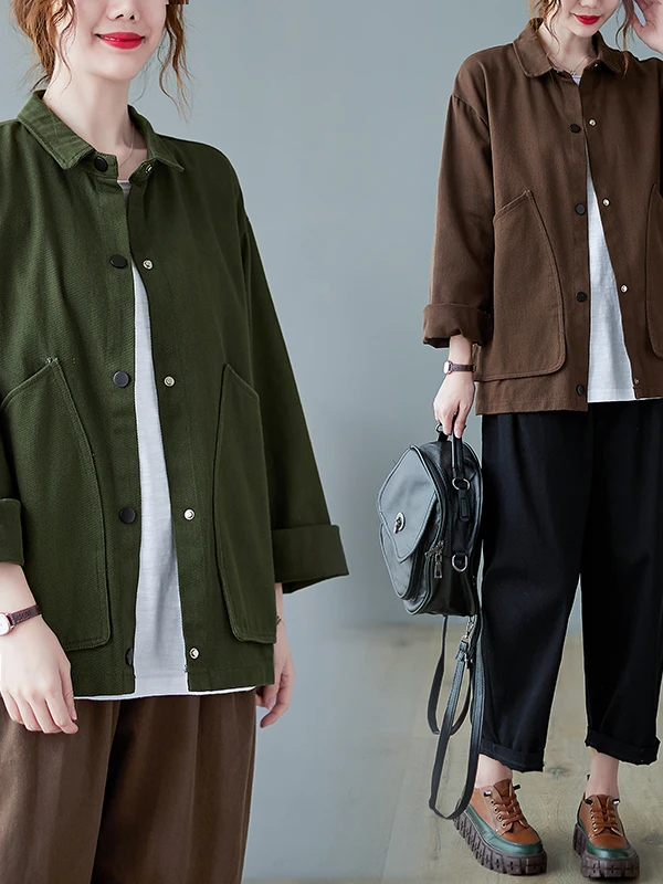 

Ретро-пальто в рабочем стиле с длинными рукавами и большими карманами, на одной пуговице, больших размеров, приталенное, для женщин, весенний сезон, повседневное