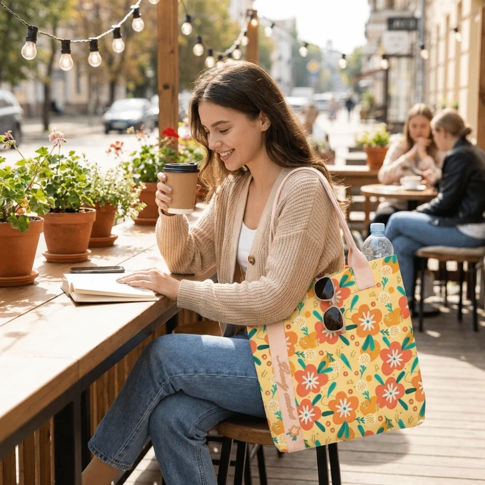 Cartoon Floral Canvas Bag Large Capacity Orange Color Tote Bag Lightweight Reusable Lunch Bag Daily
