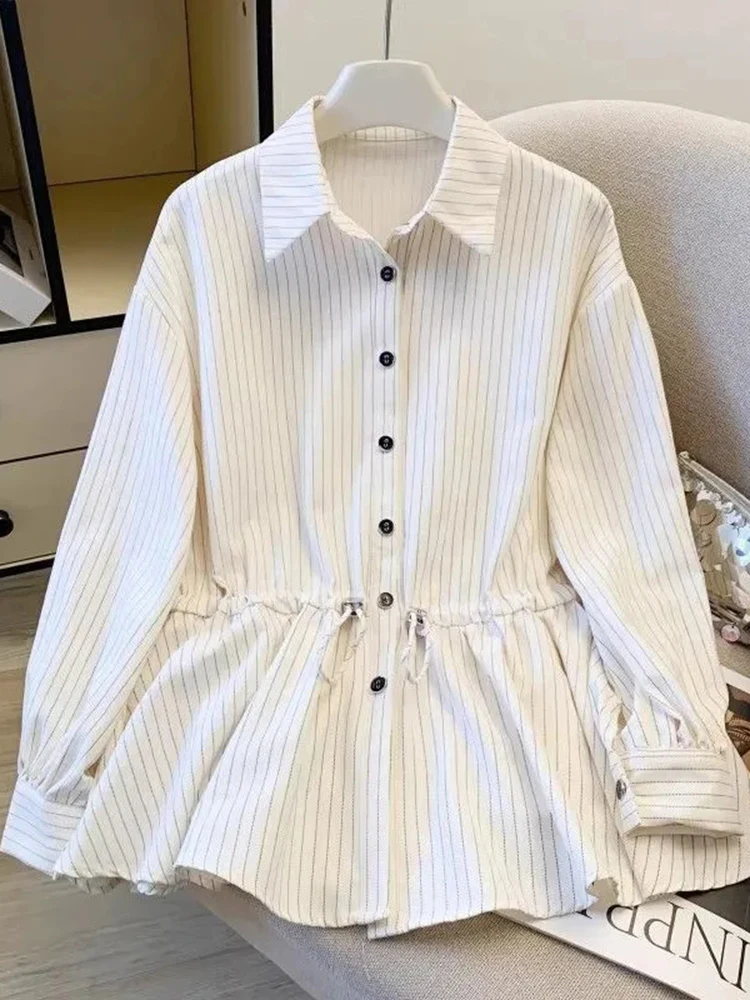 Casual Elegant Striped Shirt Women Lace Up Loose Long Sleeve Chic Blouse Fall Single Breasted Office Lady Fashion Ins Design Top