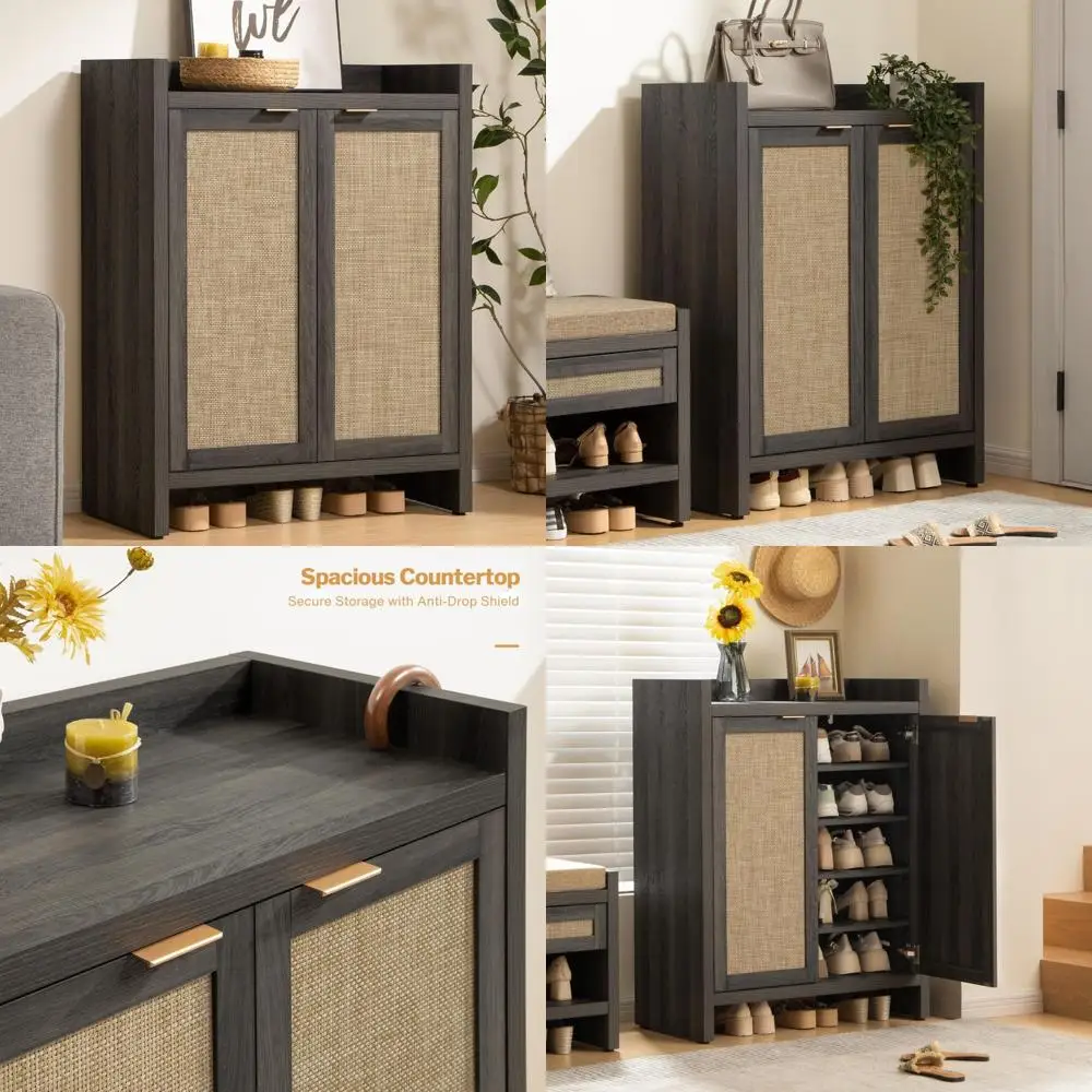 24 Pair Tall Shoe Storage Cabinet with 6-Tier Shelves, Rattan Entryway Shoe Organizer Cabinet