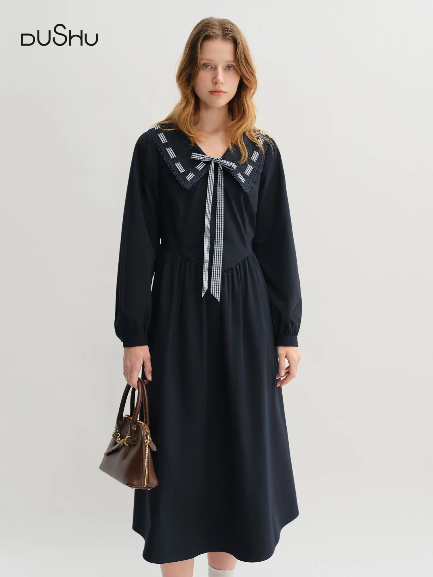 DUSHU Plus Size Women's College Style Navy Collar Ribbon Dress 2025 Autumn New Arrival High Waist Slimming Dress 25DS83299