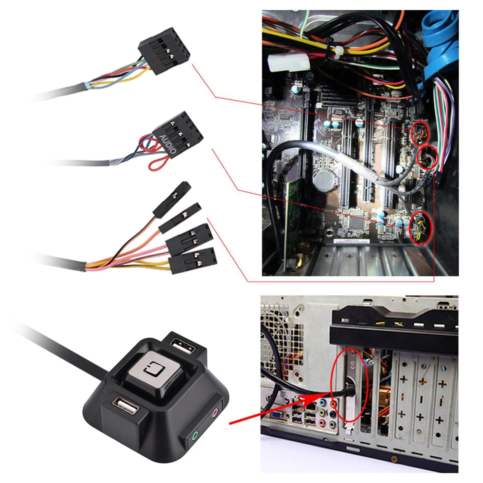 DIY Desktop Power Switch for Computer Tower Dual USB Ports Power Reset Button Audio/Microphone Jack Power Reset Button