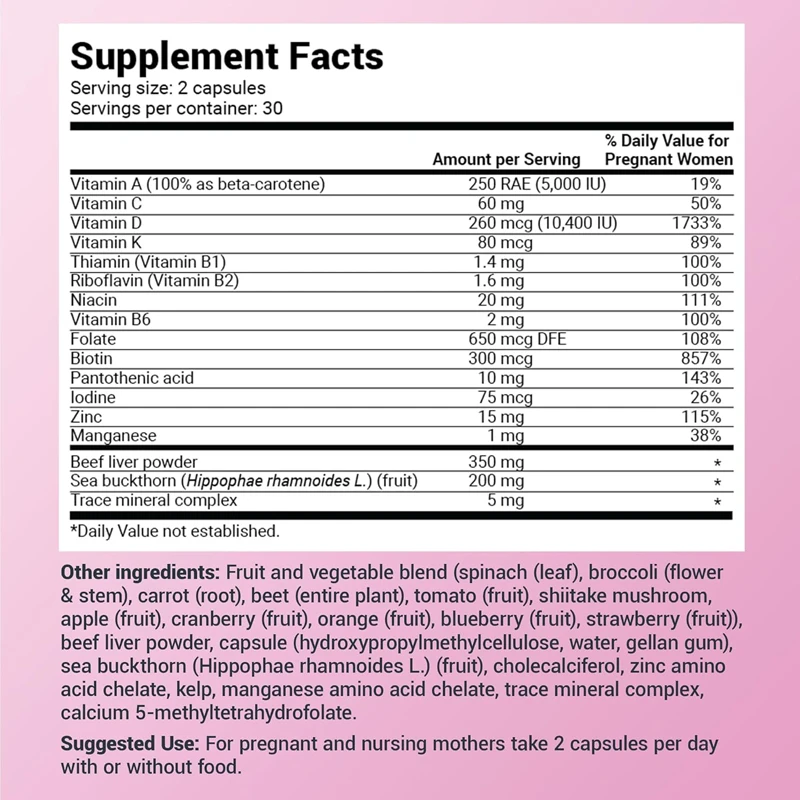 Women's Natural Prenatal Vitamins Include Folic Acid, Vitamins, Minerals, , and 11 Types of Superfoods in 60 Capsules