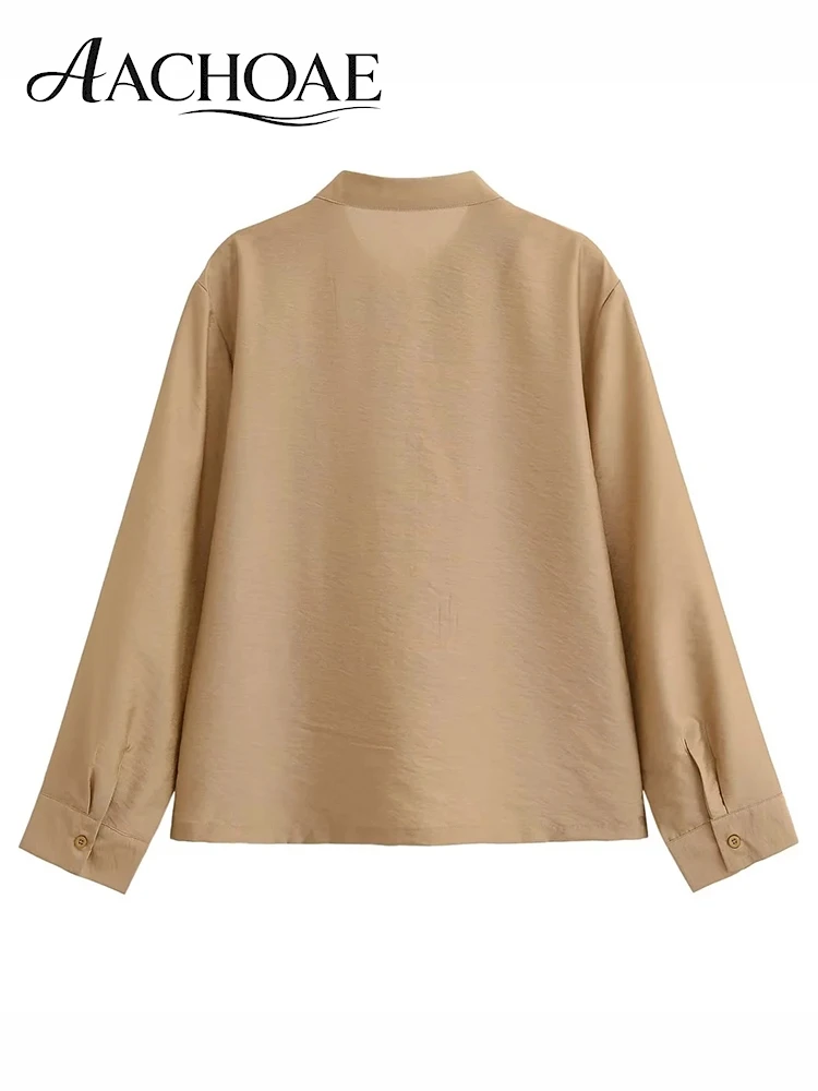 AACHOAE Women Vintage Mandarin Collar Jacket Chinese Style Button Front Top Elegant Loose Blouse Shirt Outerwear Chic Top