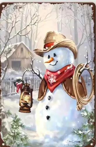SNOWMAN COWBOY CHRISTMAS METAL TIN SIGN WALL CHRISTMAS  WESTERN SNOWMAN WALL ART sign