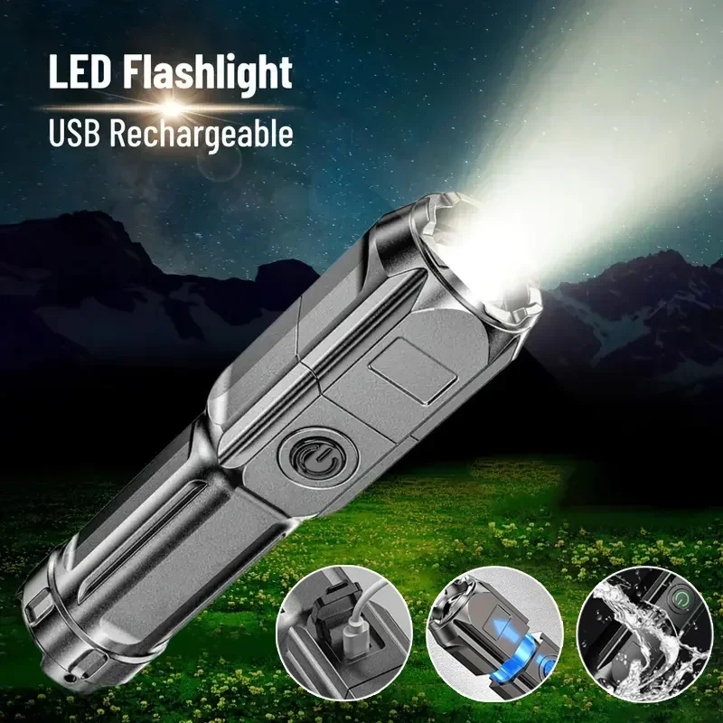 Powerful LED Flashlight Telescopic Zoom Tactical Torch USB Charging Spotlight 4 Lighting Mode Long-Range Outdoor Flashlight