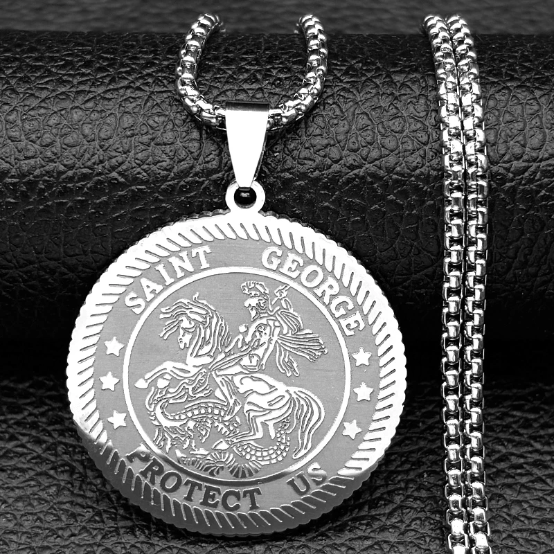 سانت جورج حماية لنا ميدالية قلادة قلادة النساء الرجال الفولاذ المقاوم للصدأ الذهب اللون المسيحية سلسلة تميمة مجوهرات هدية حفلة