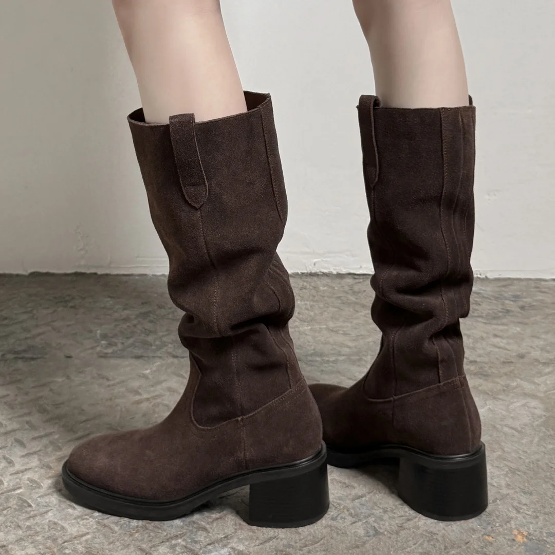 المرأة جلد الغزال الطبيعي جولة تو الانزلاق على الخريف الركبة عالية فارس الأحذية 4.5 سنتيمتر سميكة ميد كعب أحذية طويلة الإناث عادية بيع #1