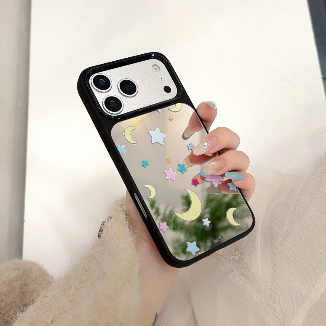 

The Moon And Stars print Pattern Girls Makeup Mirror Phone Case For iPhone 17 16 15 14 13 Pro Max Shockproof Silicone Cover﻿