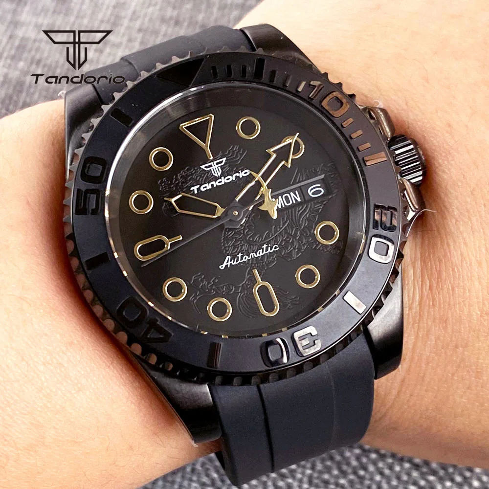 Tandorio NH36 Sapphire 40mm Business Diver Automatic Mechanical Black Watch for Men Dragon Pattern Date/Week Display Wristwatch