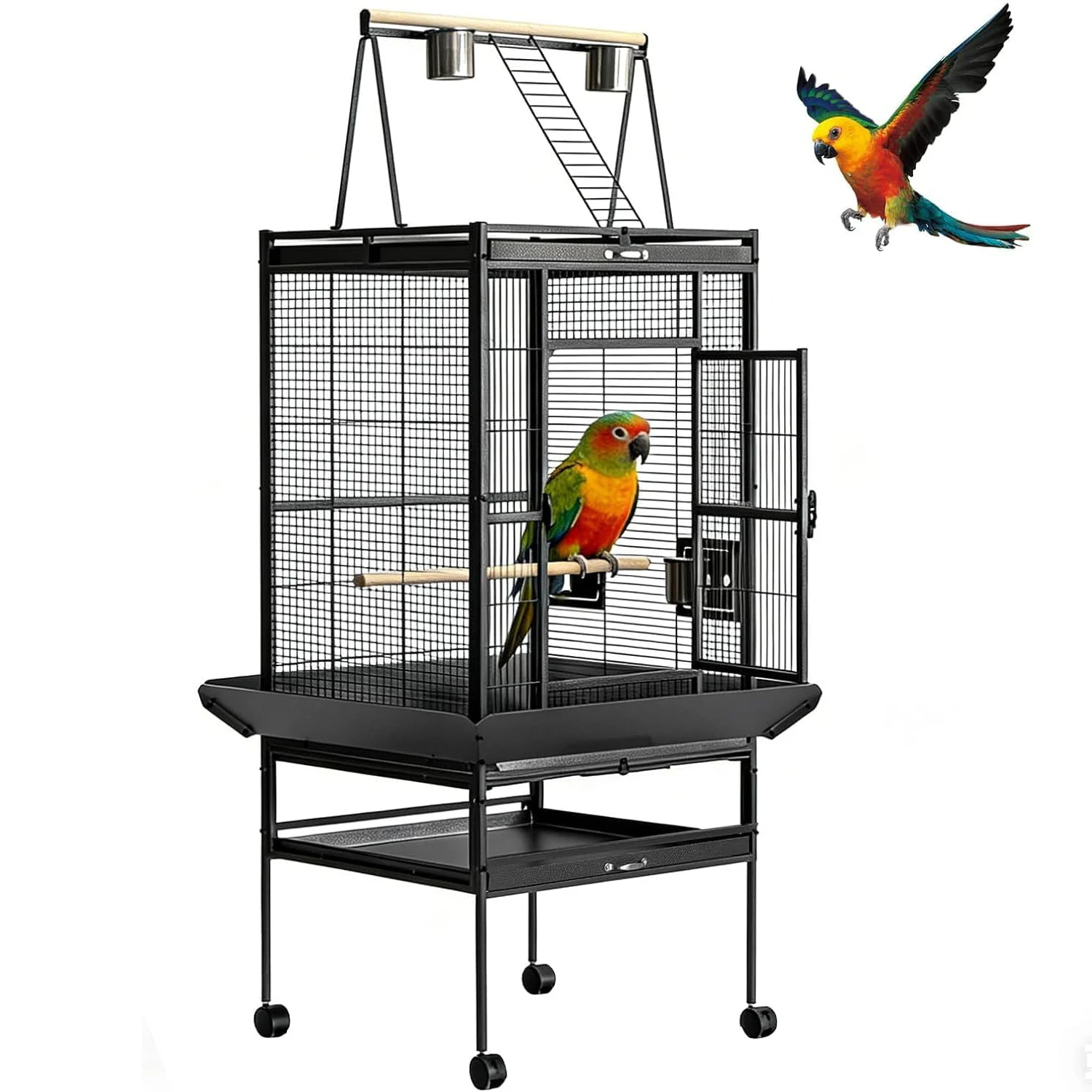 

Клетка для птиц на колесиках, просторная, с полкой для хранения, в комплекте со съемным поддоном, жердочкой и 2 кормушками, вольер
