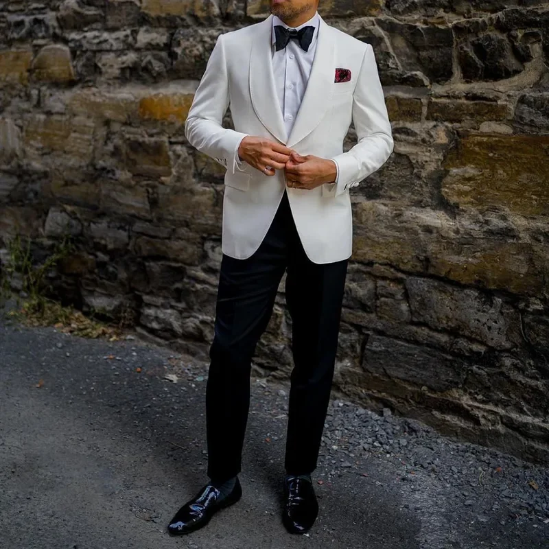 2 Piece Luxury Men Suits White Blazer Black Pants Formal One Button Shawl Lapel Slim Fit Male Clothing Costume Homme Terno 2024