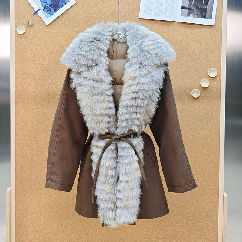 2026 Winter Women Coffee Real Fox Fur Collar Parka Warm 90% Goose Down Jacket Loose Belt Long Parka Coat