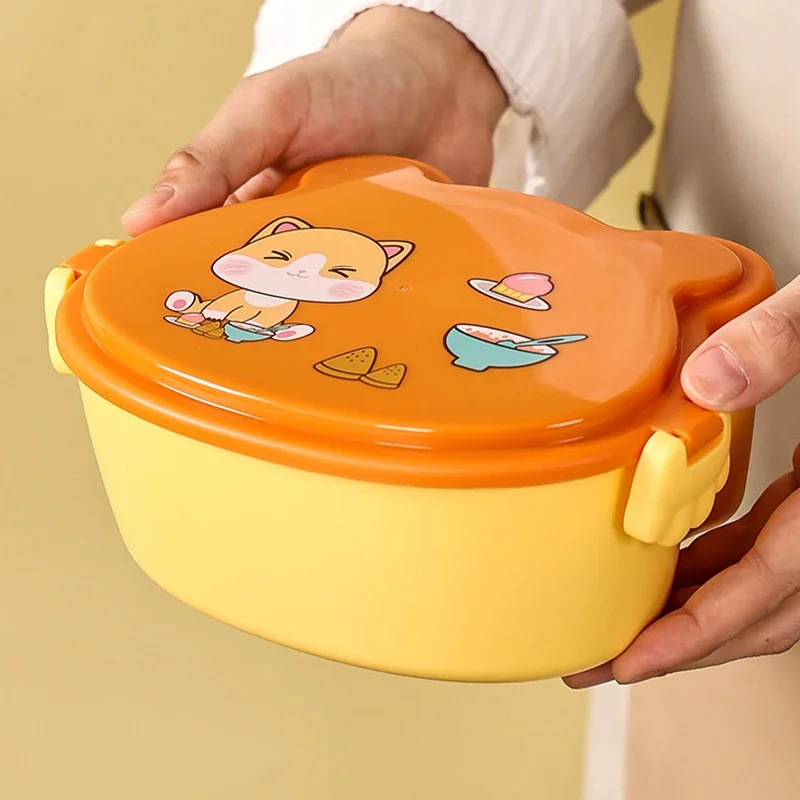 Cute Cat Shaped Lunch Box Double Layer Food Container with Fork and Spoon Microwave Children Bento Box