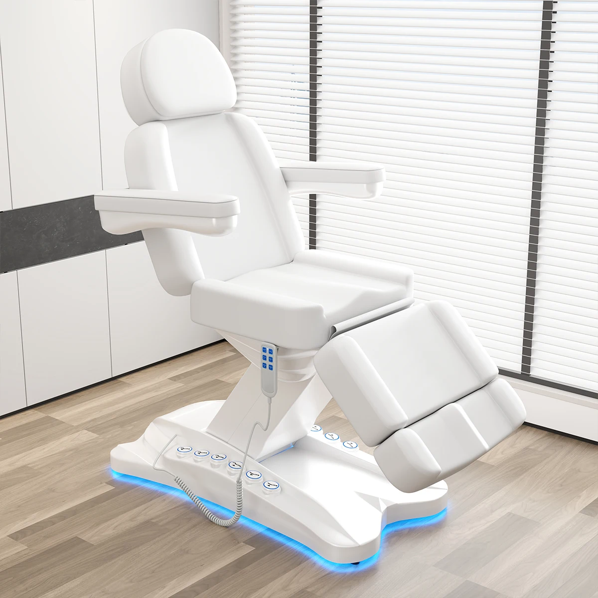 Electric Tattoo Chair White PU Split Leg Design 3 Motors Remote & Foot Control LED Light Reclining Cosmetic Bed for Microblading