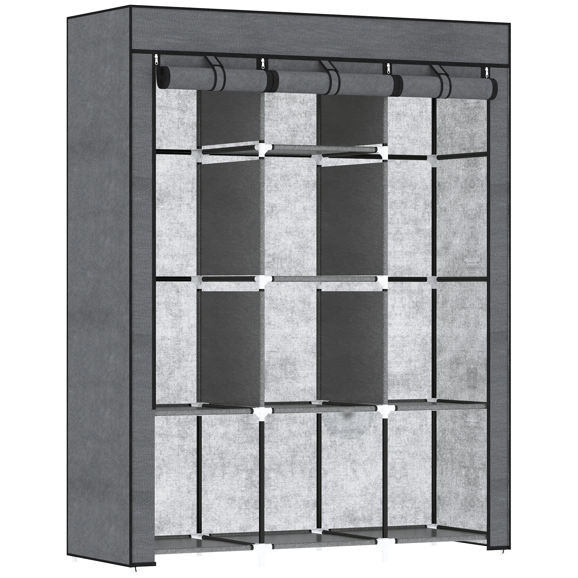 HOMCOM Multi-opbergkast-dim. 125L x 43B x 162,5H cm - zwart staal, grijs vliesstof