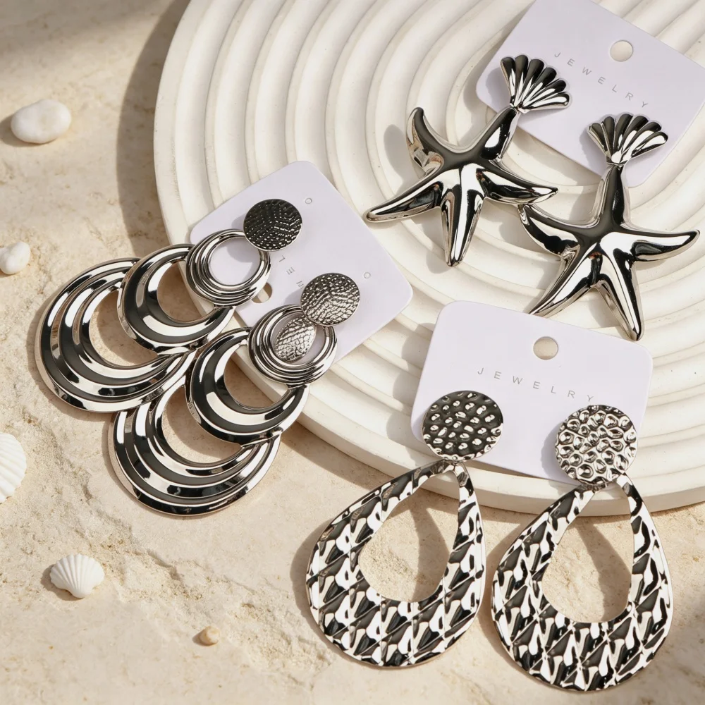 10/15/20Pairs Vintage Stainless Steel Big Earrings For Women Starfish Shell Geometric Mix Bohemian Jewelry Vacation Party Gifts