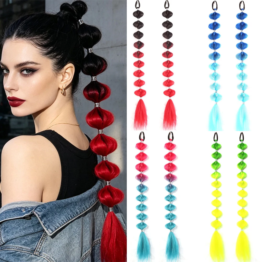 2 PCs24 Inch Synthetic Bubble Ponytail Wig Braided Wrap Around Hair Extensions with Hair Band for Women Daily Festival Party