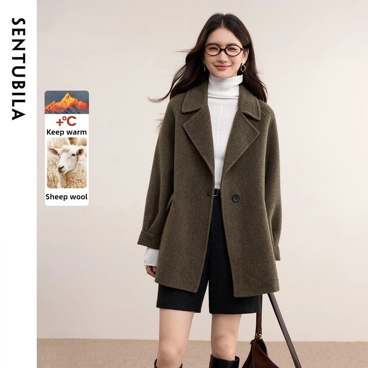 SENTUBILA Women's Wool Coat 2026 Winter British Style Notch Lapel Loose Warm Elegant Double Faced Wool Outerwear W54OA1880