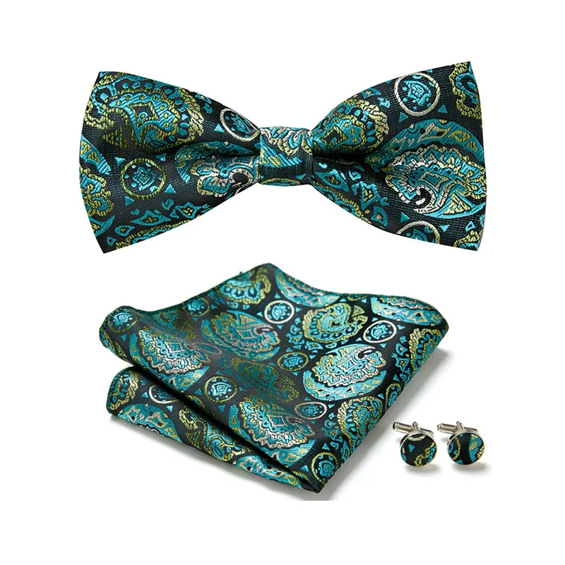 Dropshipping Fit Formal Party Silk Butterfly Tie Pocket Squares Cufflink Set Bowtie Box Male Polka dot  Ivory