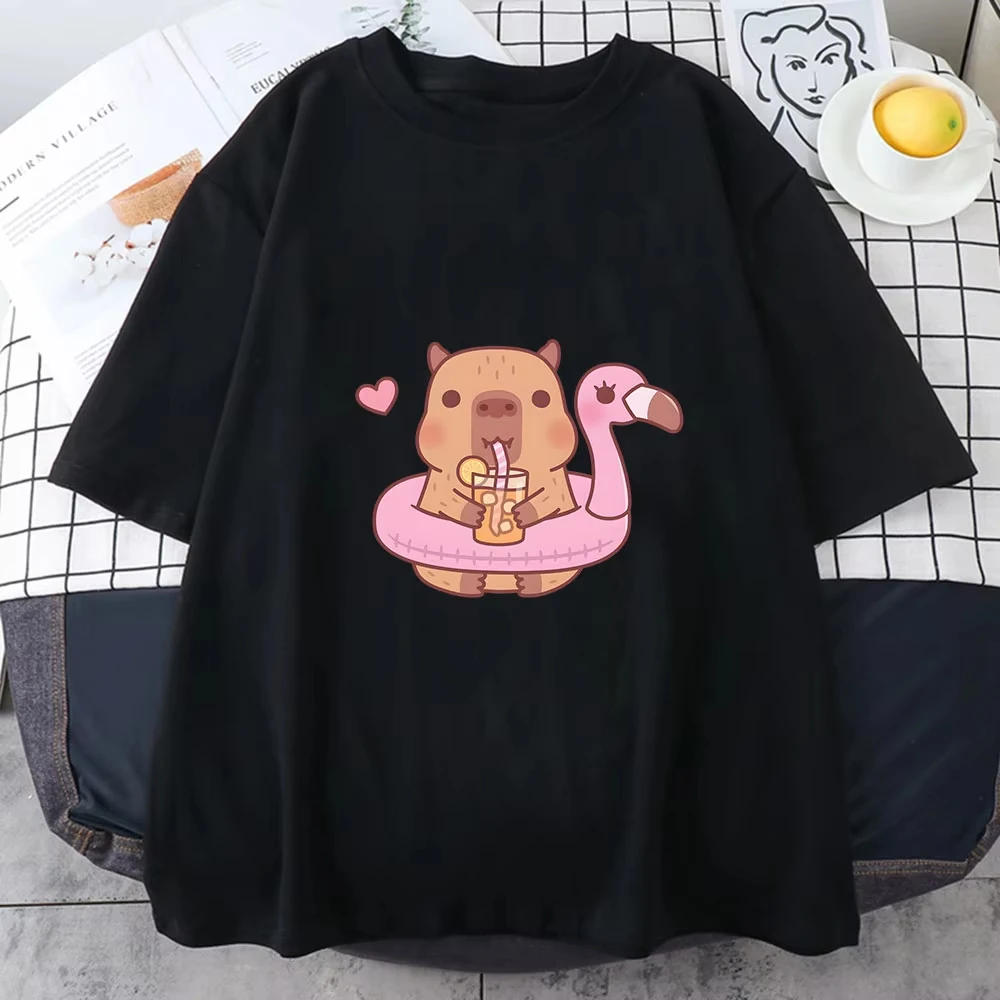 Capybara Loves Drinking Bubble Tea Kurzarm-T-Shirt für Damen, Sommer-Tide-Shirt mit Anime-Print, 100 % reine Baumwolle, O-Ausschnitt-Tops