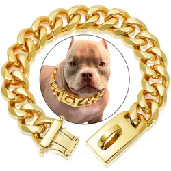 Heavy Duty Gold Dog Collar with Solid Buckle, 304 Stainless Steel Cuban Link Chain, Luxury Metal Pets Walking Collar, Choker