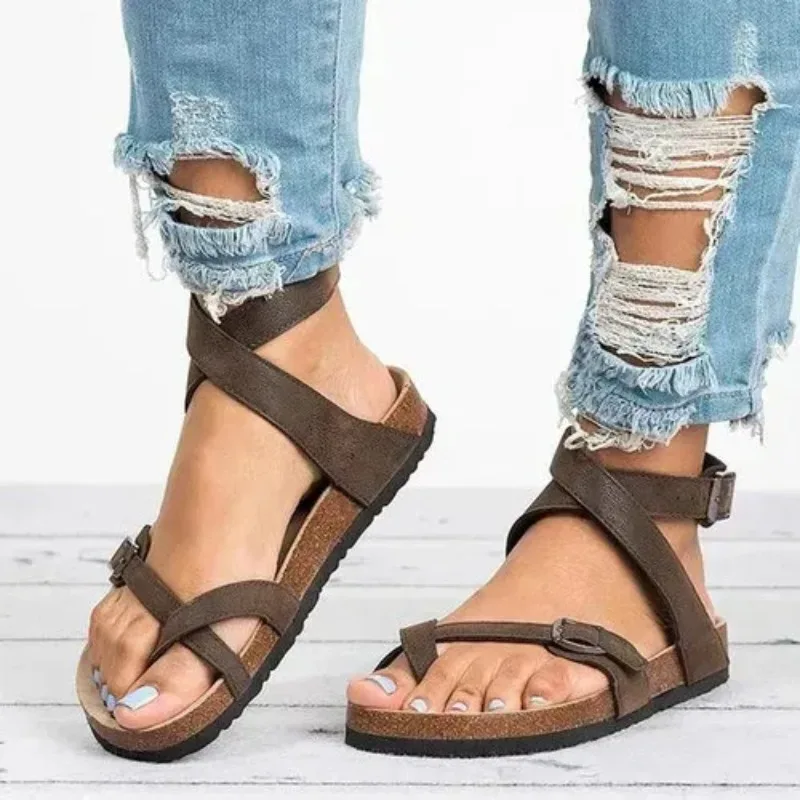 Women Sandals Summer Oversized Sandals with Cork Sole Roman Toe Strap Buckle and Strap Women's Beach Sandanlis view 4