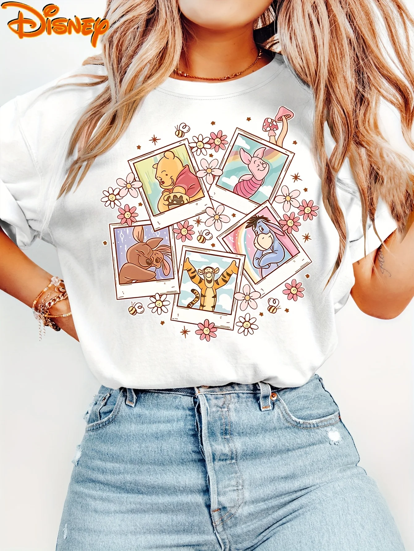 

2025 Disney Pattern Printed Women's Casual Comfortable Unique Smiling Face Black Round Neck Short Sleeve T-shirt