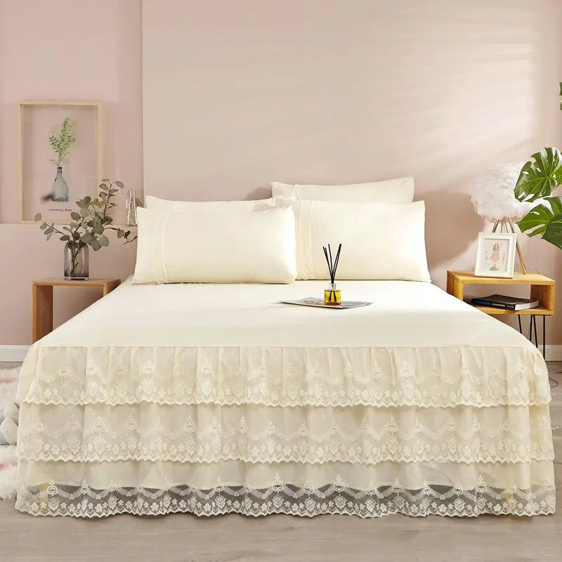 Conjunto de saia de cama com babados, capa de colchão antiderrapante, estilo princesa, sem pilling, quarto, 3 peças