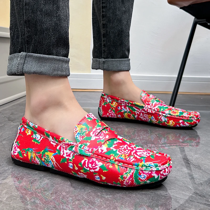 

Men Shoes Luxury Print Men Handmade PU Leather Loafers Casual Driving Flats Slip on Men Size 38-48 Comfy Moccasins Shoes for Men
