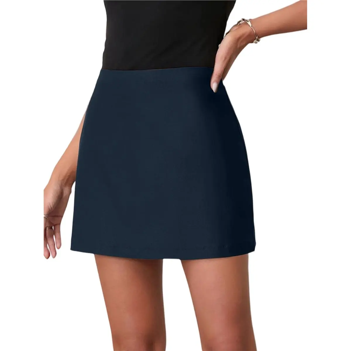 ✱Womens Double Side Slit Zipper Front Skirt Pants Fashion Lined Trouser Shorts Navy Blue S