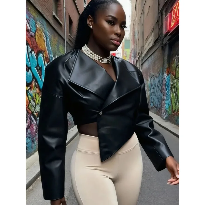 Faux Leather Single Button Crop Jacket Women Autumn Trend Cross Neck Full Sleeve Wild Style Classic Streetwear Coat
