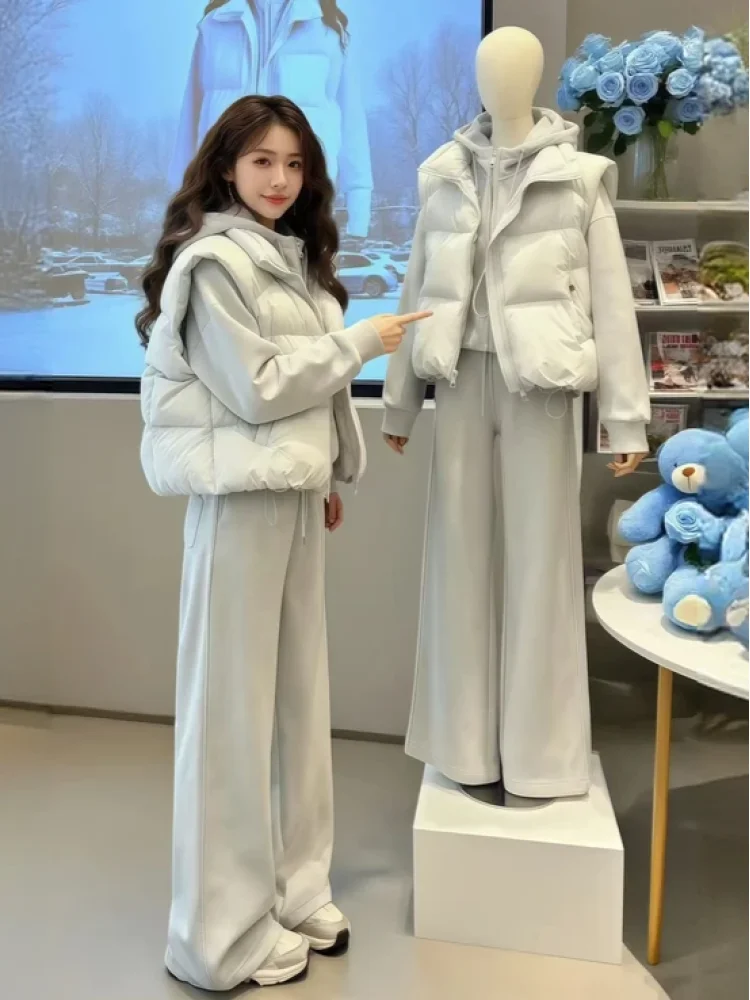 

Autumn Winter Faion Set High-End Loose Sweater Vest Jaet Wide Leg Pants Tee-Piece Women's Clothing Warm Long Sve