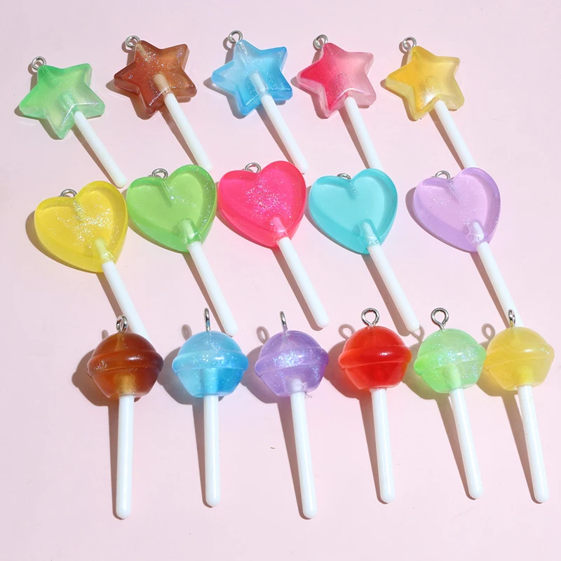 10pcs Mixed Colors Resin Cute Cake Flowers Rainbow Lollipop Charms Pendant DIY Jewelry Making Accessories for keychain Necklace﻿