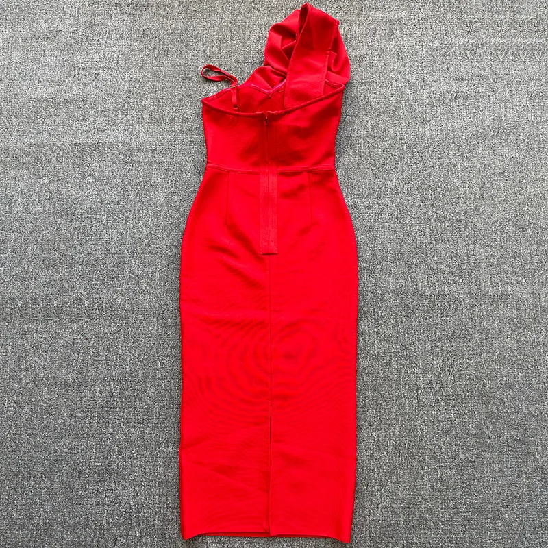 2026 Nieuwe Bandage Jurk Applicaties Asymmetrische Hals Over De Knie Bodycon Elegante High Street Show Avondfeest Een Stuk Jurken